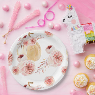 Trendy Waterverf Pumpkin & Flowers NajaarsHerfst Papieren Bordje