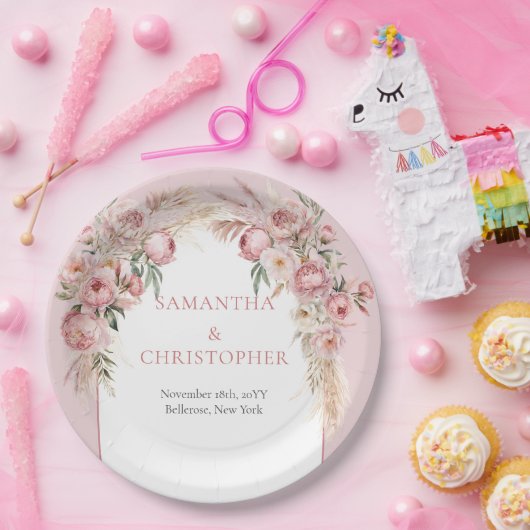 Trendy waterverf Roos goudbloemen pampasgras Papieren Bordje (Feest)