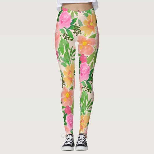 Trendy Waterverf roze bloemen Leggings (Voorkant)