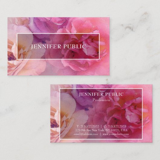Trendy Waterverf Rozen Elegant Moderne Sjabloon Visitekaartje (Voorkant / Achterkant)