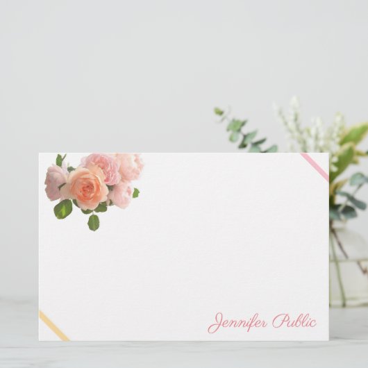 Trendy Waterverf Rozen Handgeschreven Naam Sjabloo Briefpapier (Staand voorkant)