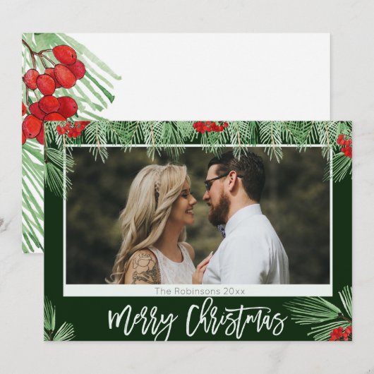 Trendy Waterverf Script Merry Kerstfoto Feestdagenkaart (Voorkant / Achterkant)