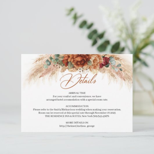 Trendy waterverf terracotta bloemetjes pampasgras informatiekaartje (Staand voorkant)