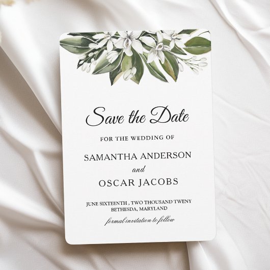 Trendy Waterverf White Flowers & Leaves Save The Date