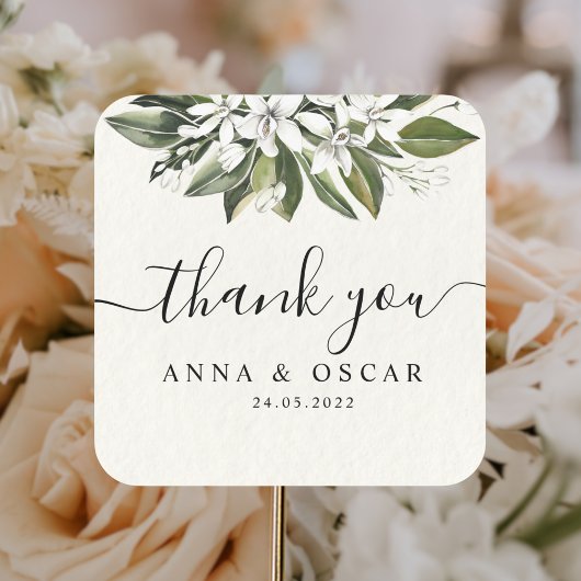 Trendy Waterverf White Flowers & Leaves Vierkante Sticker