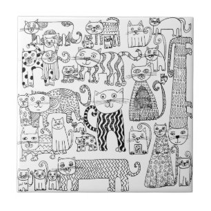 Trendy Whimsical Black and White Cat Patterned Tegeltje