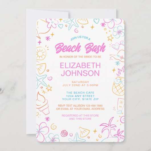 Trendy Whimsical Doodle Beach Bash Bruidsfeest Kaart (Voorkant)