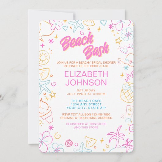 Trendy Whimsical Doodle Beach Bash Bruidsfeest Kaart (Voorkant)