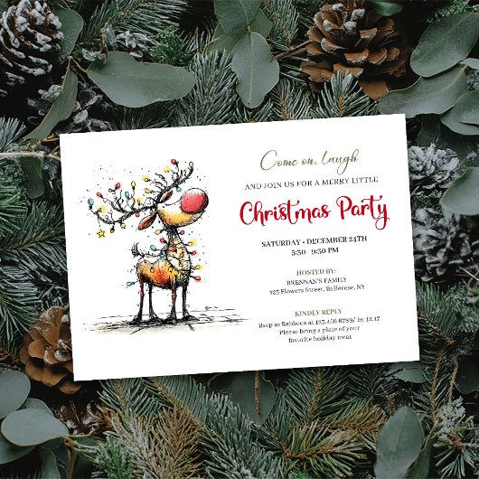 Trendy whimsical reindeer holiday party invite kaart