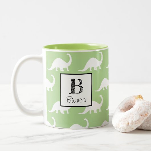Trendy White Brontosaurus Dinosaurs Personalized Tweekleurige Koffiemok (Met donut)