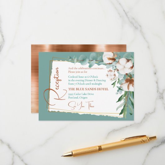 Trendy White Cotton Floral Copper Reception Informatiekaartje (Voorkant / Achterkant in situ)