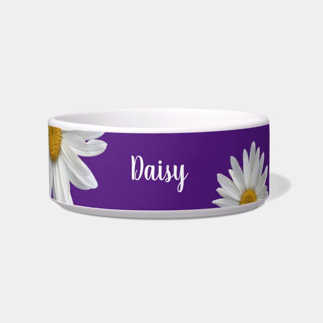 Trendy White Daisies Cute Floral Paars Pet Voerbakje (Voorkant)