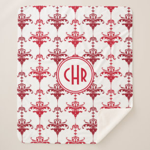 Trendy White en Red Damask Monogram Sherpa Deken