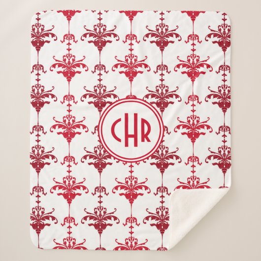 Trendy White en Red Damask Monogram Sherpa Deken (Voorkant)