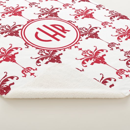 Trendy White en Red Damask Monogram Sherpa Deken (3/4)