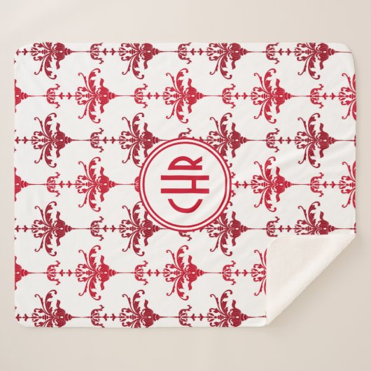 Trendy White en Red Damask Monogram Sherpa Deken (Voorkant (horizontaal))