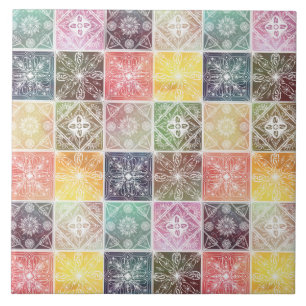 Trendy White Geometric Ornament Colorful Tile Art Tegeltje