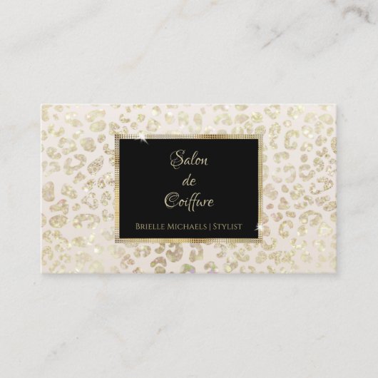 Trendy White Gold Glitter Leopard Print Haarsalon Visitekaartje (Voorkant)