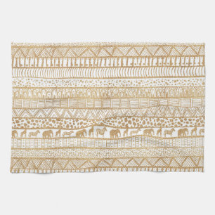 Trendy White & Gold Tribal African Pattern Theedoek