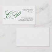 Trendy White Green Script Monogram Visitekaartje (Voorkant / Achterkant)