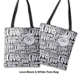 Trendy White Love Typography & Entwined Hearts Tote Bag