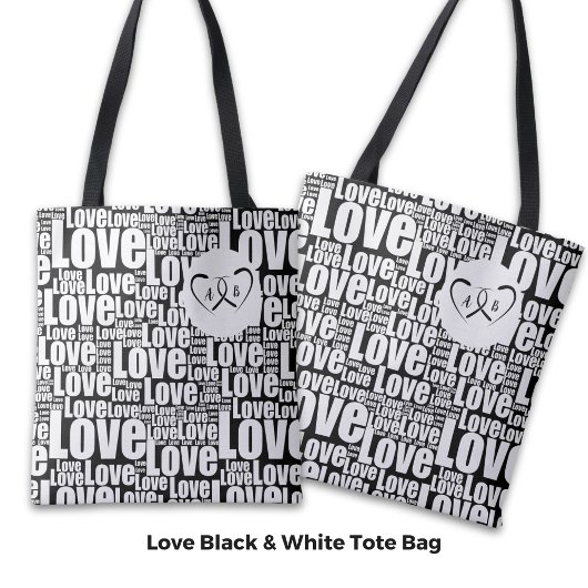 Trendy White Love Typography & Entwined Hearts Tote Bag