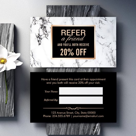 Trendy White Marble Beauty Salon Referral Kaart