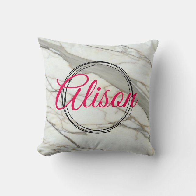 Trendy white marble fuchsia gepersonaliseerde naam kussen (Voorkant)