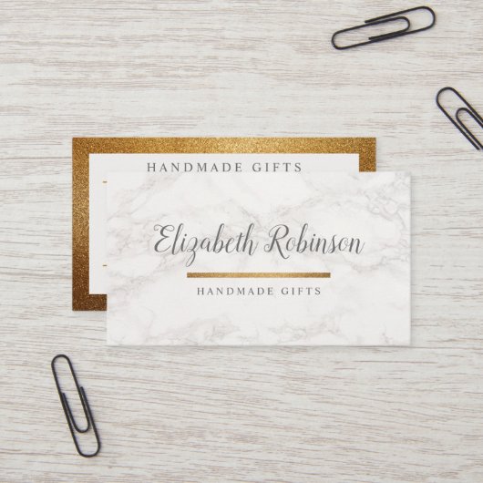 Trendy White Marble & Gold Glitter Handmade Gifts Visitekaartje (Voorkant / Achterkant in situ)