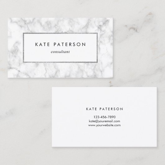 Trendy White Marble Silver Glitter Lijst Visitekaartje (Voorkant / Achterkant)