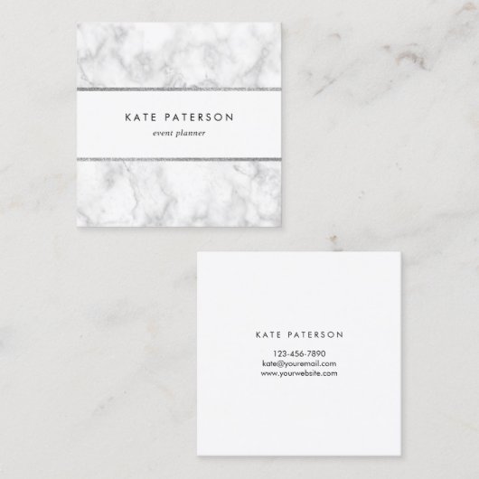 Trendy White Marble Silver Glitter Stripes Vierkante Visitekaartje (Voorkant / Achterkant)