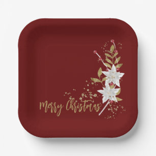 Trendy White Poinsettia Burgundy Gold Glitter Papieren Bordje