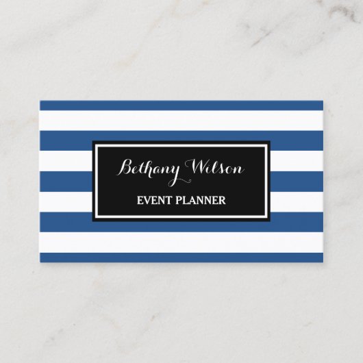 Trendy Wide Blue en White Stripes Event Planner Visitekaartje (Voorkant)