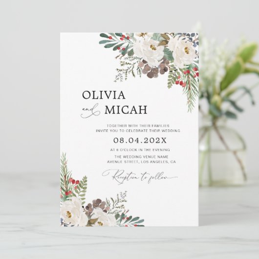 Trendy Winter Kerstmis Bloemen bruiloft uitnodigin Kaart (Staand voorkant)