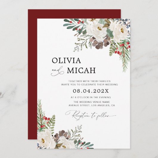 Trendy Winter Kerstmis Bloemen bruiloft uitnodigin Kaart (Voorkant / Achterkant)