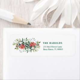 Trendy wintergroene bladeren met rode bloemen etiket