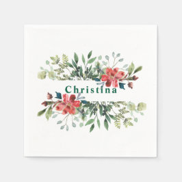 Trendy wintergroene bladeren met rode bloemen servet