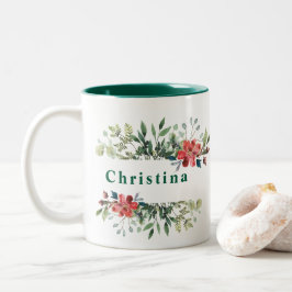 Trendy wintergroene bladeren met rode bloemen tweekleurige koffiemok