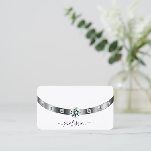 Trendy wit en zilver met diamanten monogrammed visitekaartje (Staand voorkant)
