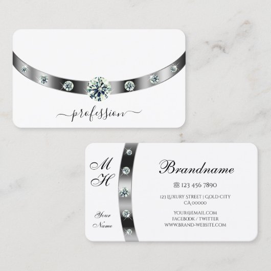 Trendy wit en zilver met diamanten monogrammed visitekaartje (Voorkant / Achterkant)