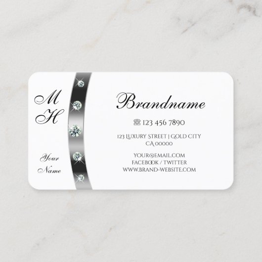 Trendy wit en zilver met diamanten monogrammed visitekaartje (Achterkant)