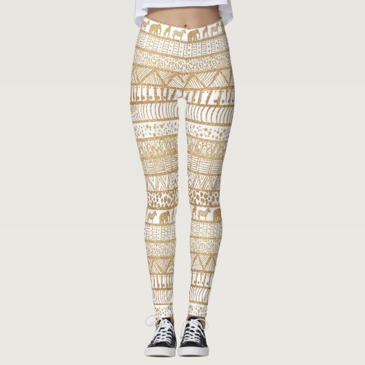 Trendy Wit Goud Tribal Afrikaans Patroon Leggings (Voorkant)