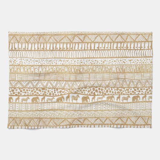 Trendy Wit Goud Tribal Afrikaans Patroon Theedoek (Horizontaal)