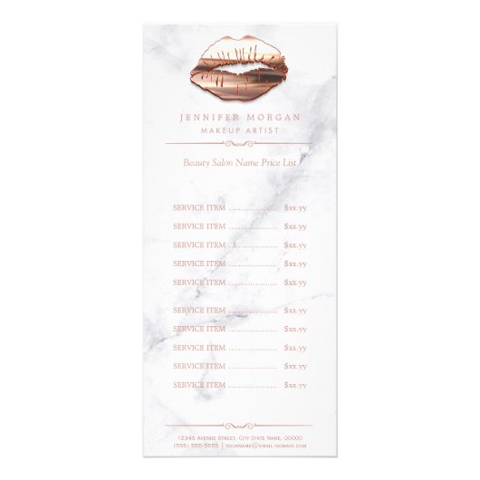 Trendy wit marmer Roos gouden lippen prijslijst Reclamekaart (Voorkant)