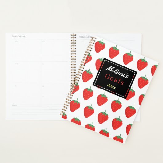 Trendy wit rood aardbeienpatroon & zwart op maat planner (Display)