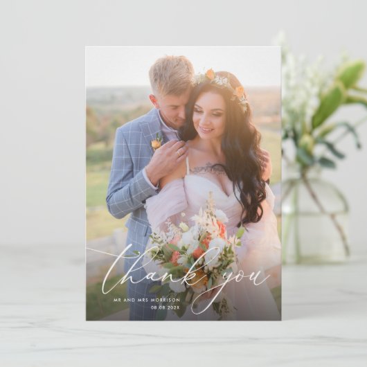 Trendy witte kalligrafie bruiloft bedankkaart (Staand voorkant)