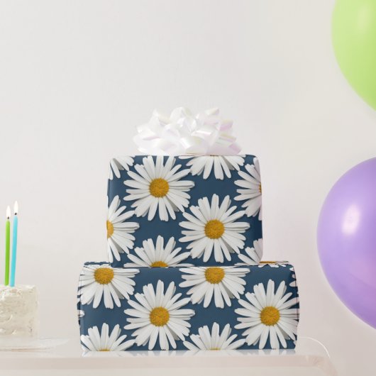 Trendy witte madeliefjes - Navyblauwe mode Cadeaupapier (Feestgeschenken)