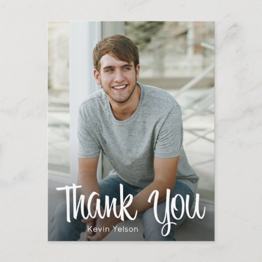 Trendy witte script bedank foto afstuderen briefkaart (Voorkant)