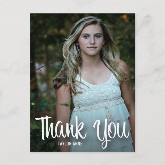 Trendy Witte Script Bedankt Foto Afstuderen Briefkaart (Voorkant)