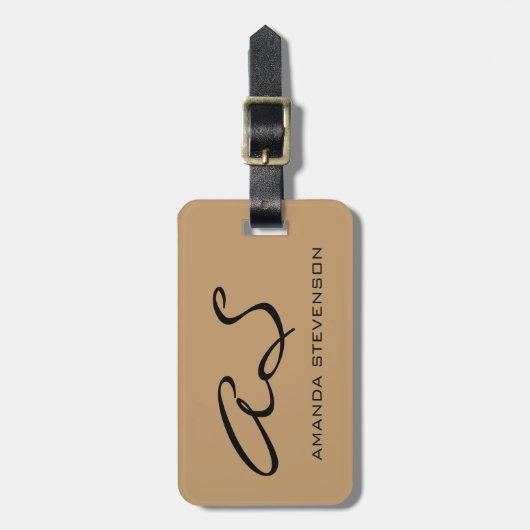 Trendy Wood Brown Script Monogram Bagagelabel (Voorkant verticaal)